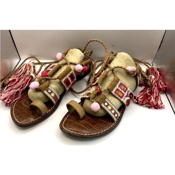 Womens Sam Edelman Sz 8.5 Sandals Gretchen Tassel Lace Up Leather Boho Open Toe - Picture 3 of 7